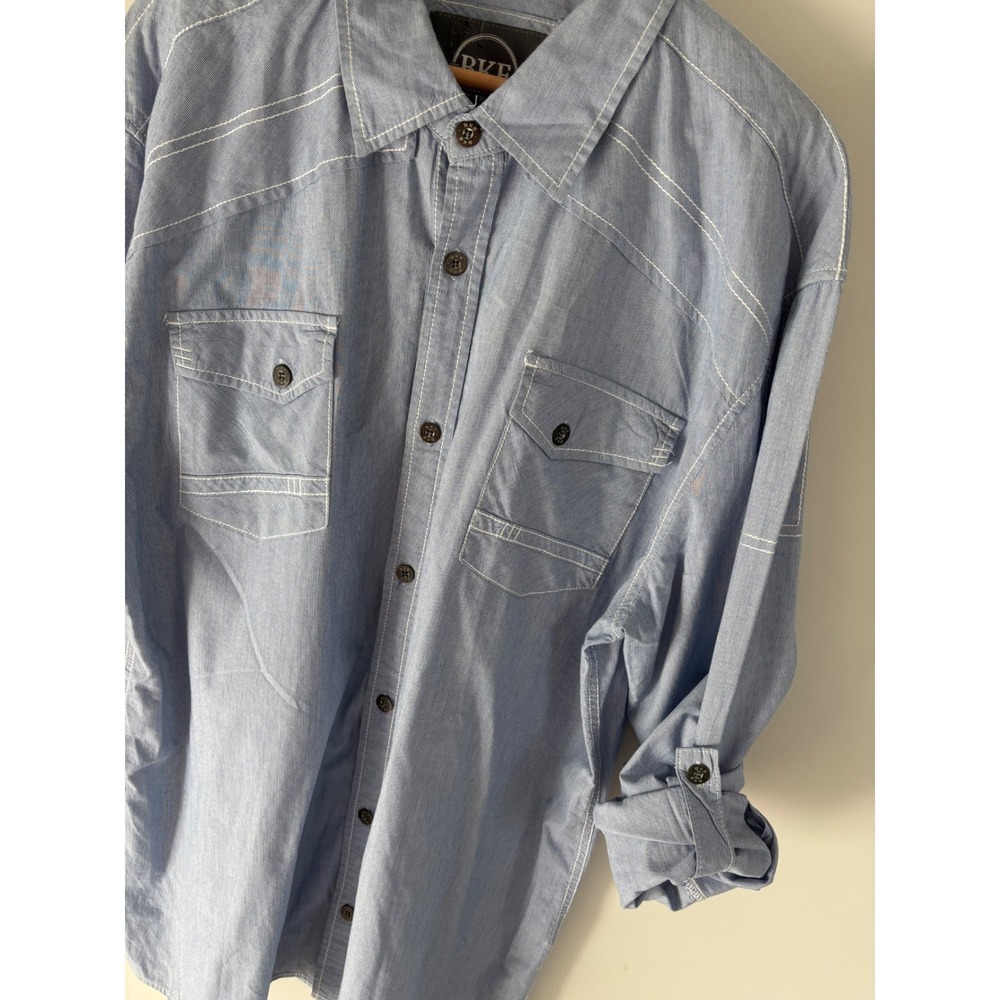 BKE Mens XXL Athletic Fit Button Down Shirt Blue White Stripe Roll Tab Sleeve - Picture 5 of 8